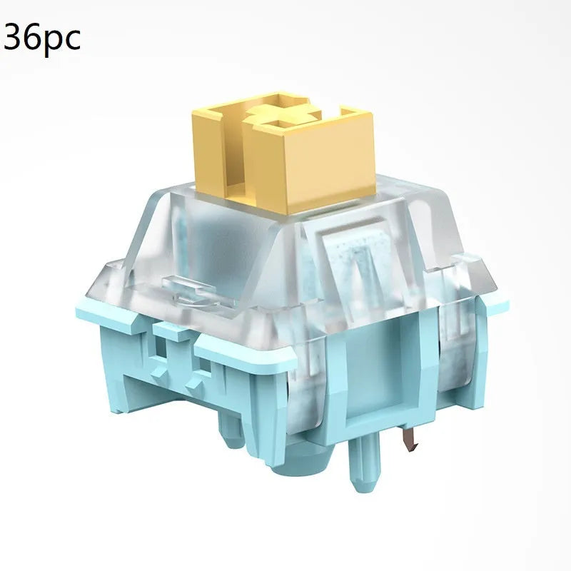 36 clear mechanical keyboard switches with Sea Salt Lemon coloured stems arranged in packaging.