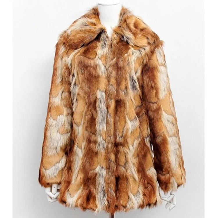 Women's tiger pattern faux fur leather jacket in a medium-length street fashion style.