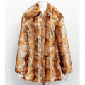 Women's tiger pattern faux fur leather jacket in a medium-length street fashion style.