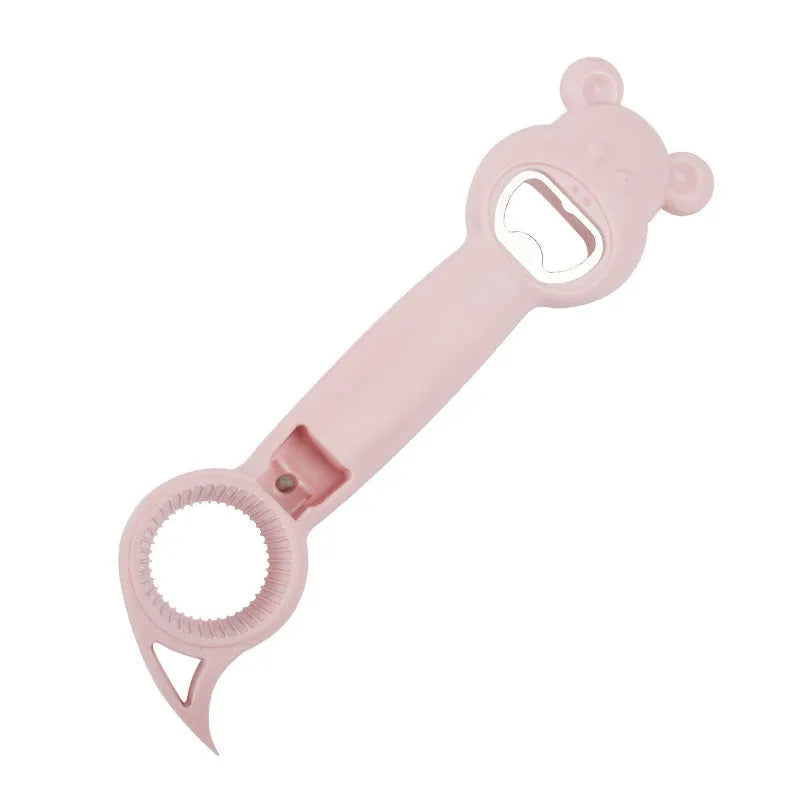 4-in-1 bear-shaped stainless steel and PP manual bottle and jar opener in gray blue on white background