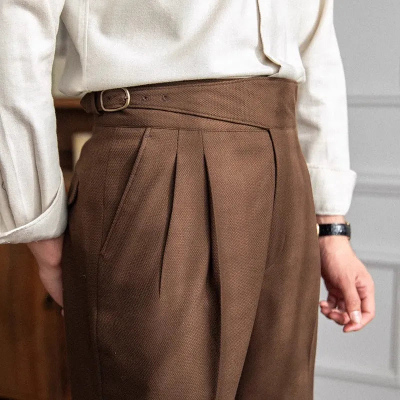 Men's high waist straight leg casual trousers in black polyester fabric
