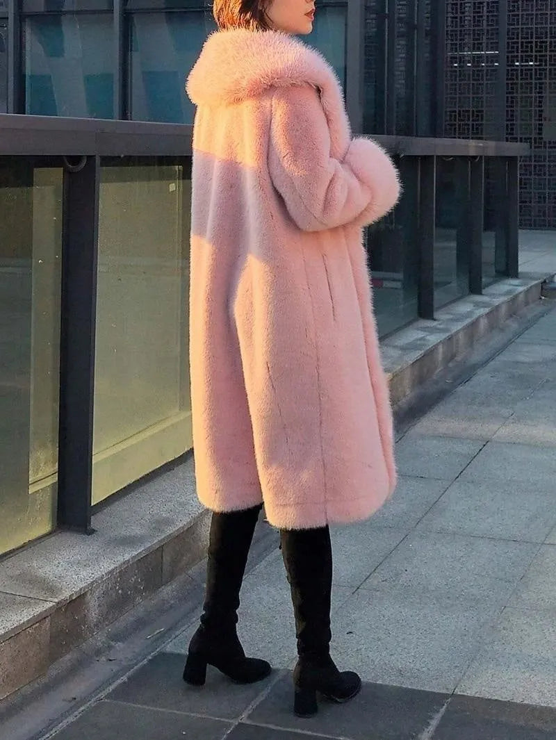 Women's grey thick faux rabbit fur mid-length coat with regular sleeves and a faux fur collar.