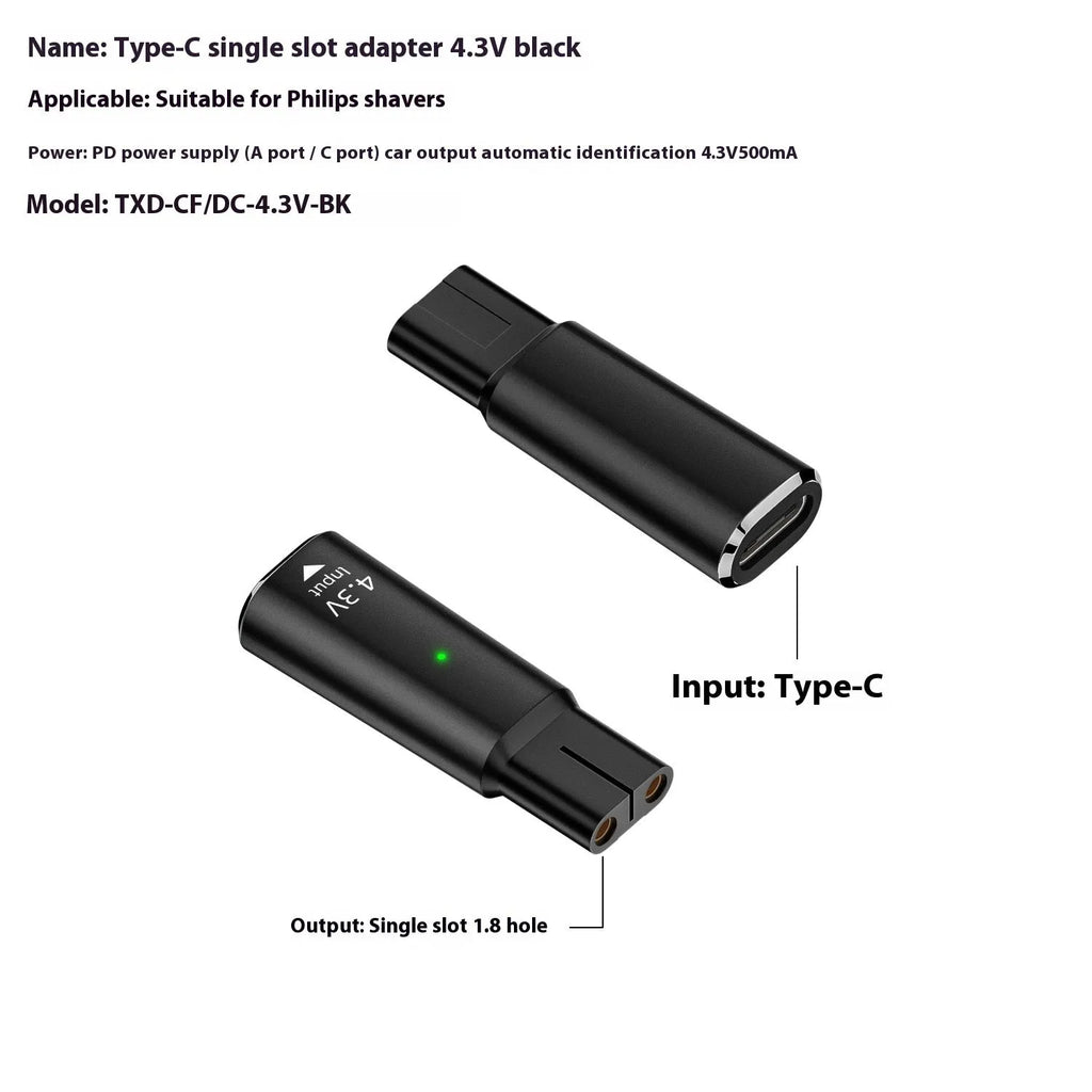 Black USB-C charging adapter for 4.3V electric shavers and hair clippers with aluminium alloy housing