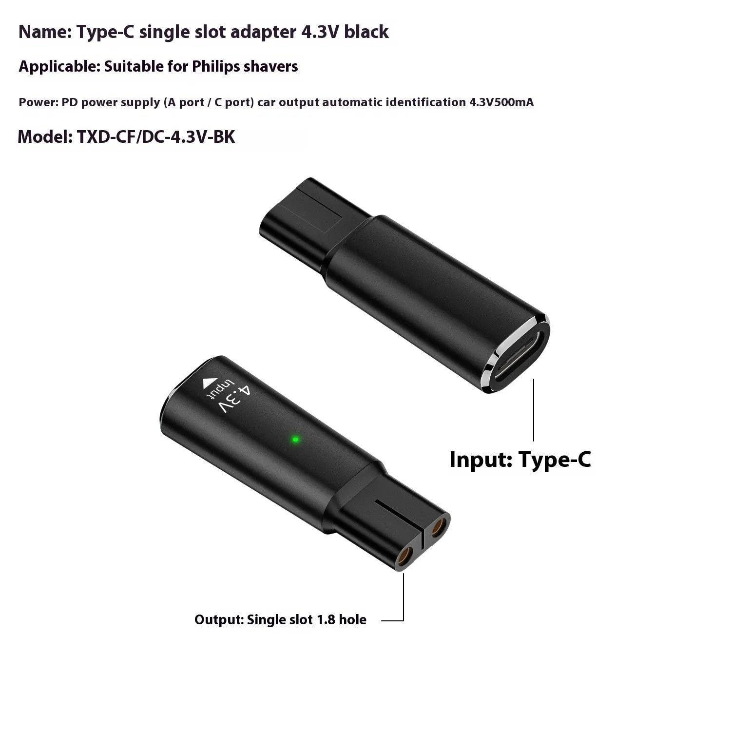Black USB-C charging adapter for 4.3V electric shavers and hair clippers with aluminium alloy housing