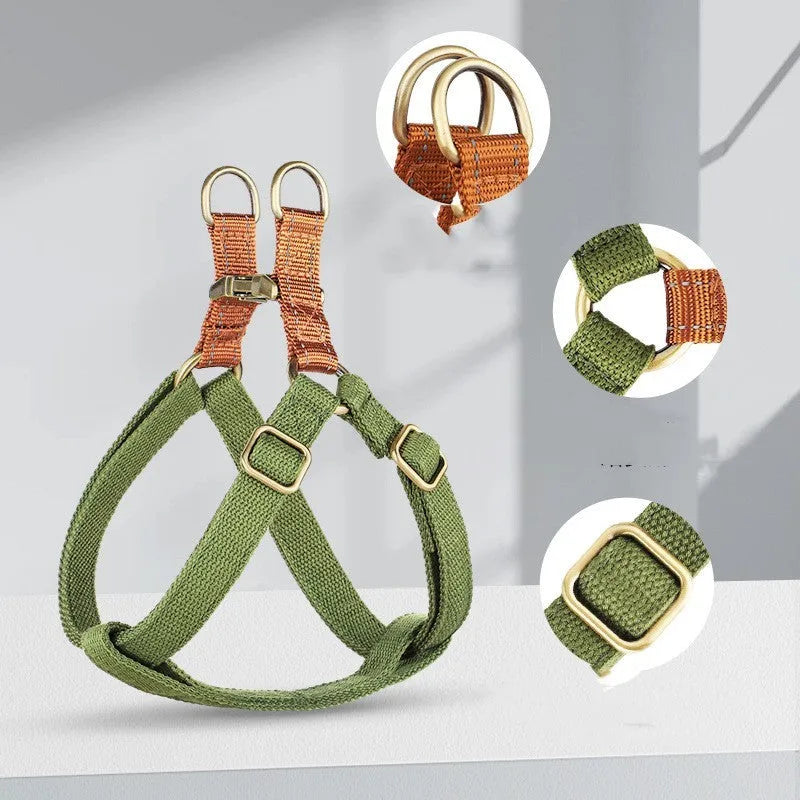 Brown vest-style dog leash with cotton and nylon construction and alloy fastener