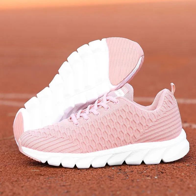 Women's black running shoes with a fly weave upper and wear-resistant outsole.