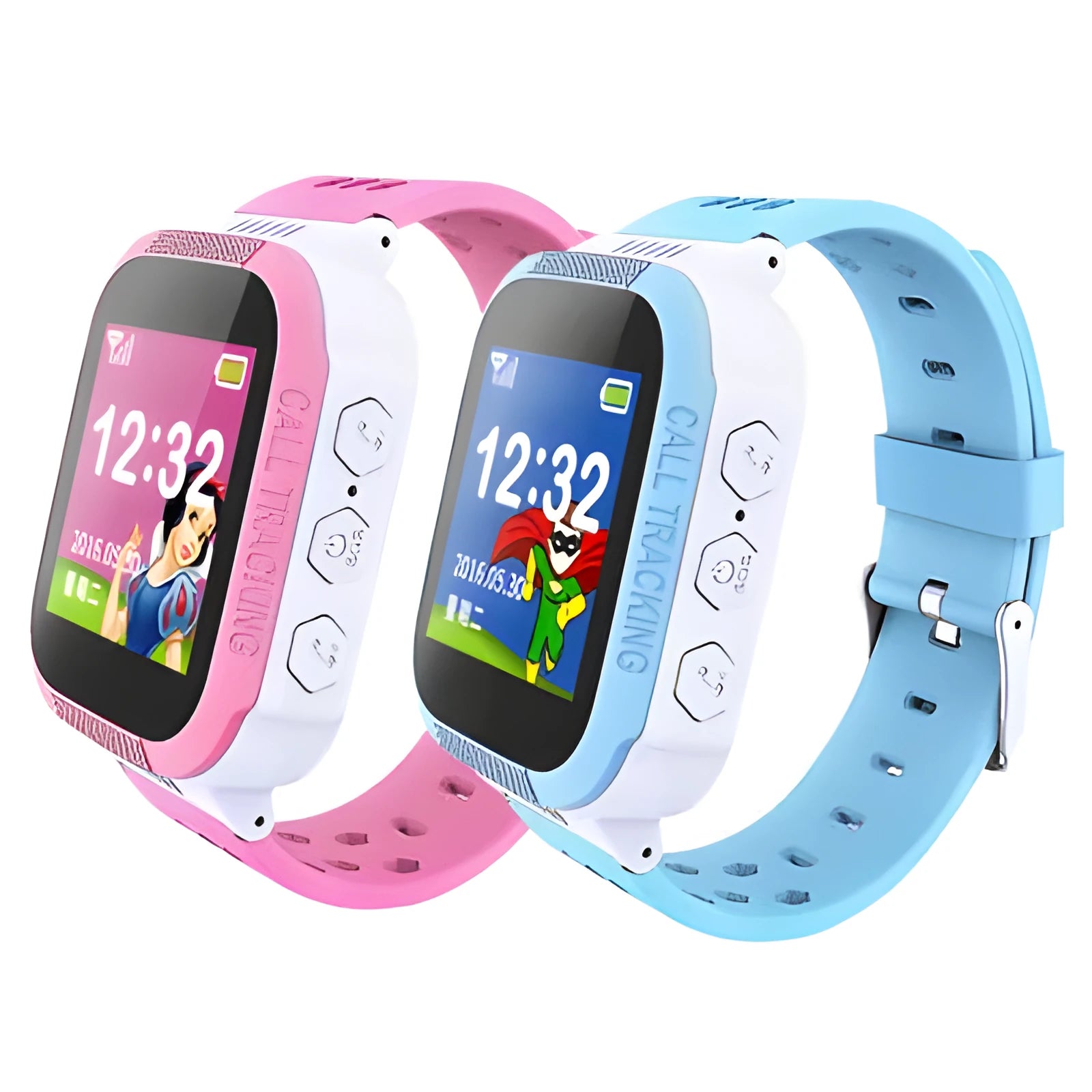 Blue and pink children's phone watch with 1.44 inch screen showing time display