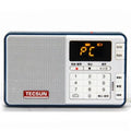 Tecsun Q3 digital audio player in black, showing front with speaker grille and buttons.