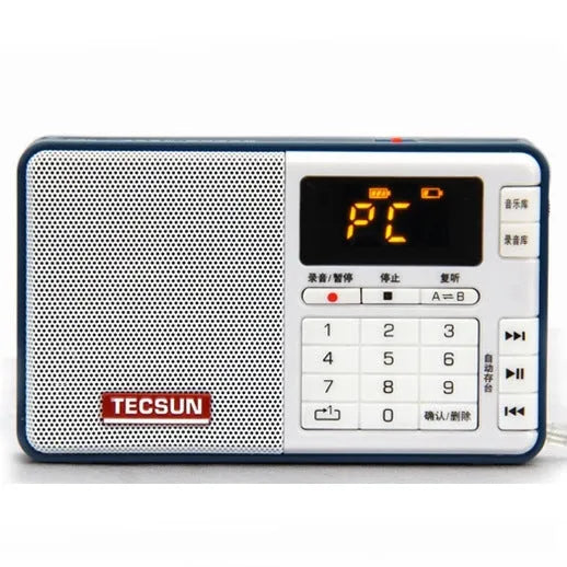 Tecsun Q3 digital audio player in black, showing front with speaker grille and buttons.