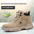Brown leather labour protection safety shoes with rubber sole on work surface