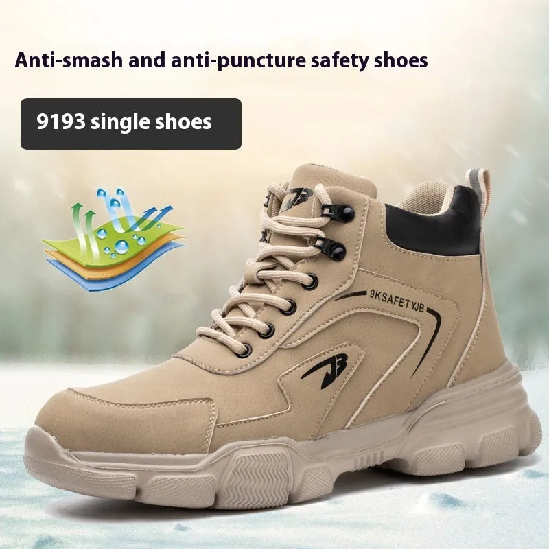 Brown leather labour protection safety shoes with rubber sole on work surface
