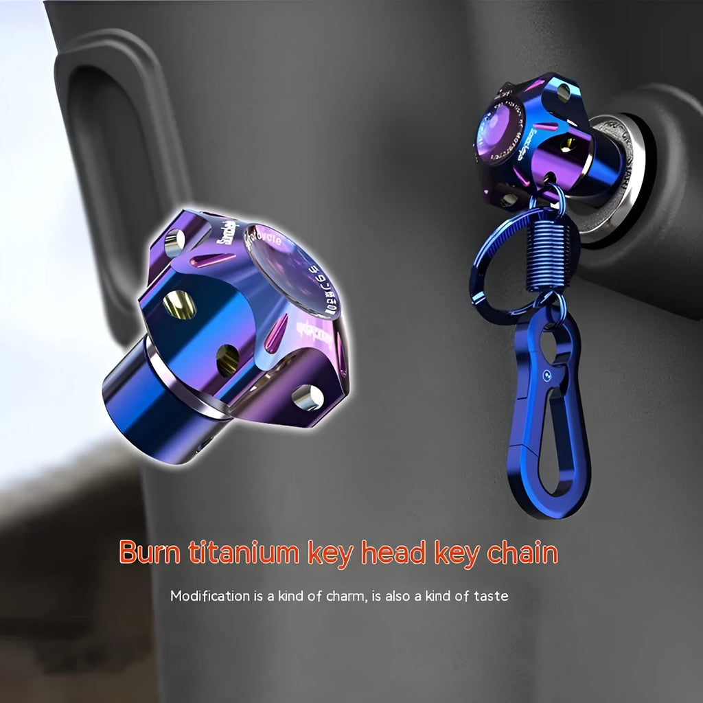 Motorcycle key modification accessories showing hexagon, five-pointed star, and plum blossom T6 aluminium alloy key heads with blue and white keychains