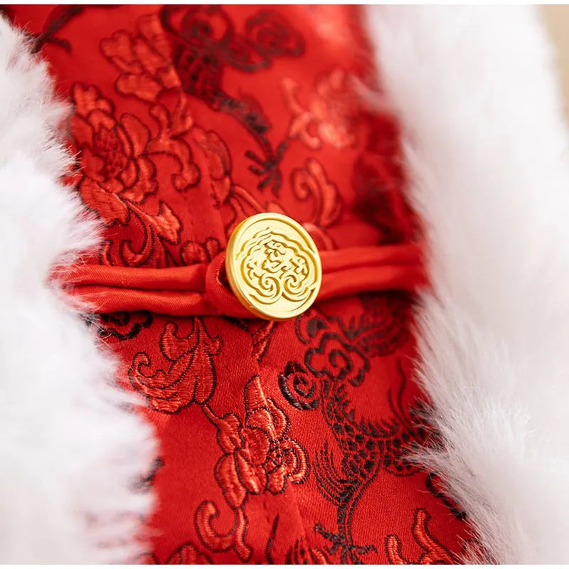 Chinese-style cotton-padded pet coat for large dogs in red with dragon embroidery and rabbit fur collar