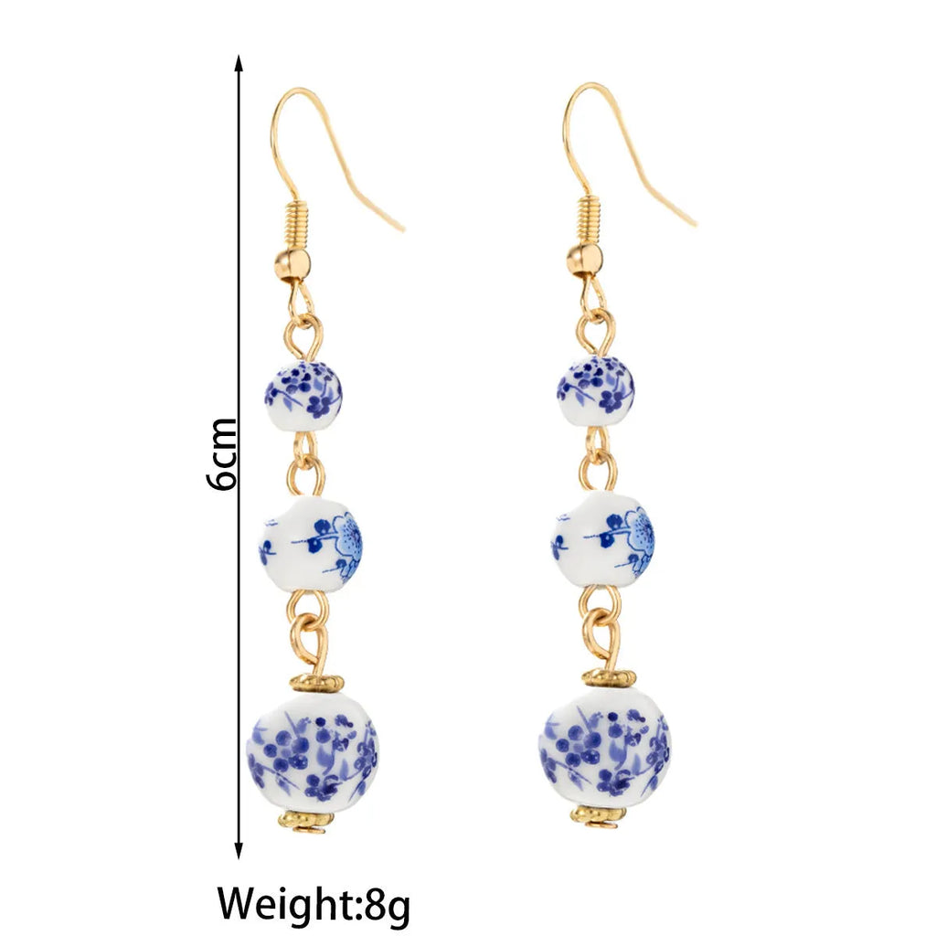 Blue and white porcelain ceramic bead long retro drop earrings on alloy hook