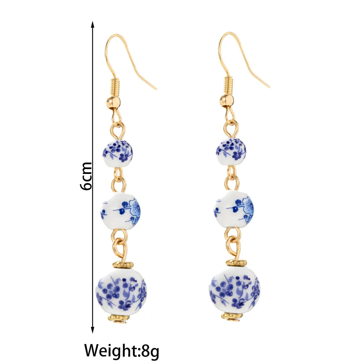 Blue and white porcelain ceramic bead long retro drop earrings on alloy hook