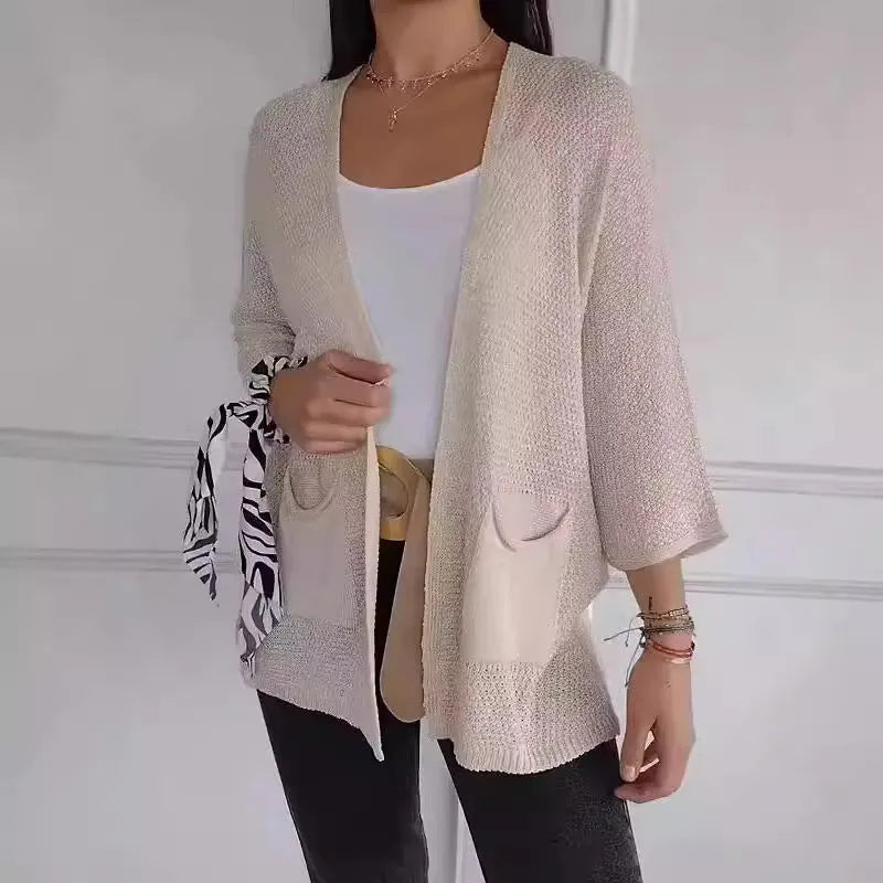 Women's waffle texture cardigan coat in army green with nine-quarter length sleeves and pockets