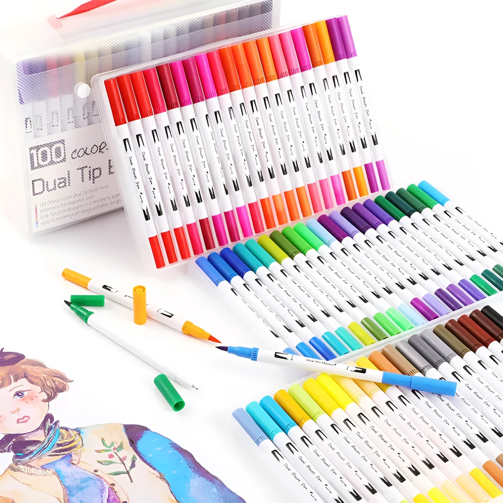 Set of ink watercolour pens in a case, available in 48, 60, 72, or 100 colour options.