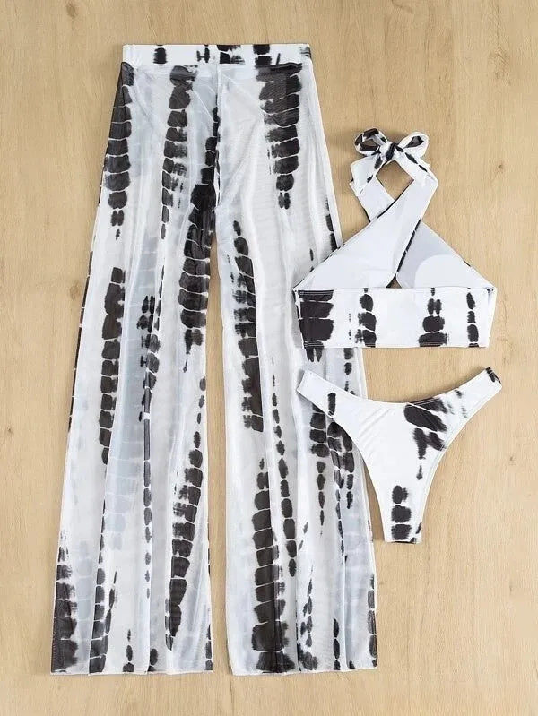 Women's black printing three-piece swimsuit set with mesh trousers, bikini top and underpants