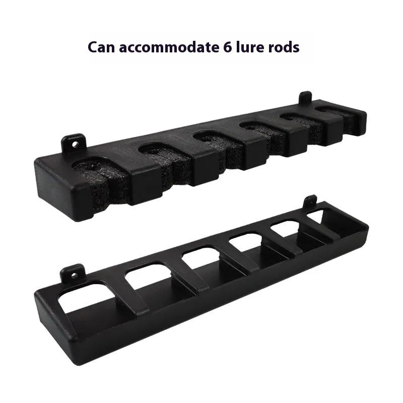 Black ABS plastic wall-mounted fishing rod holder rack shown in upright and horizontal styles.