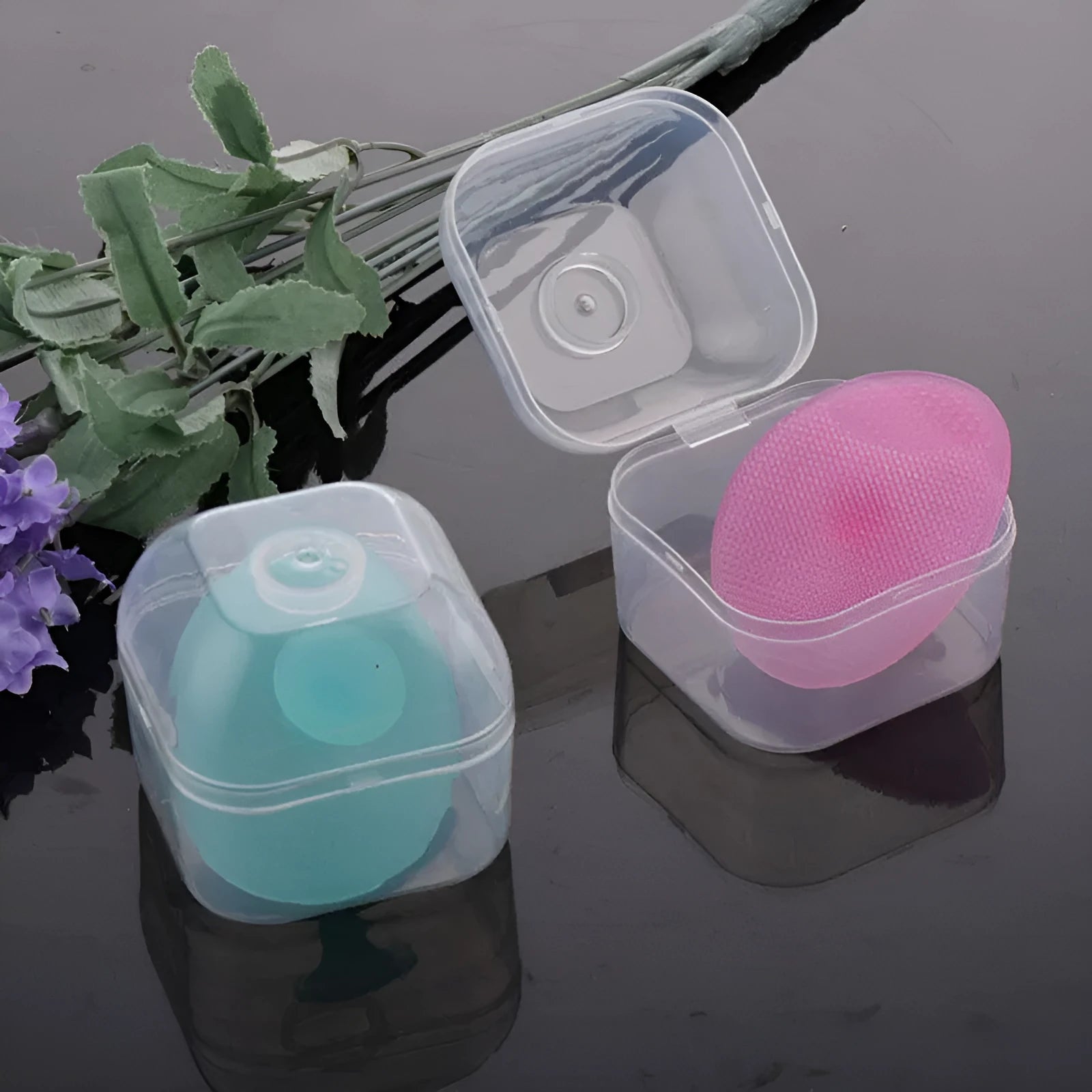 Silicone facial brush with three bristle types: tiny, middle, coarse; blue colour; 53mm size; for face cleansing and massage.