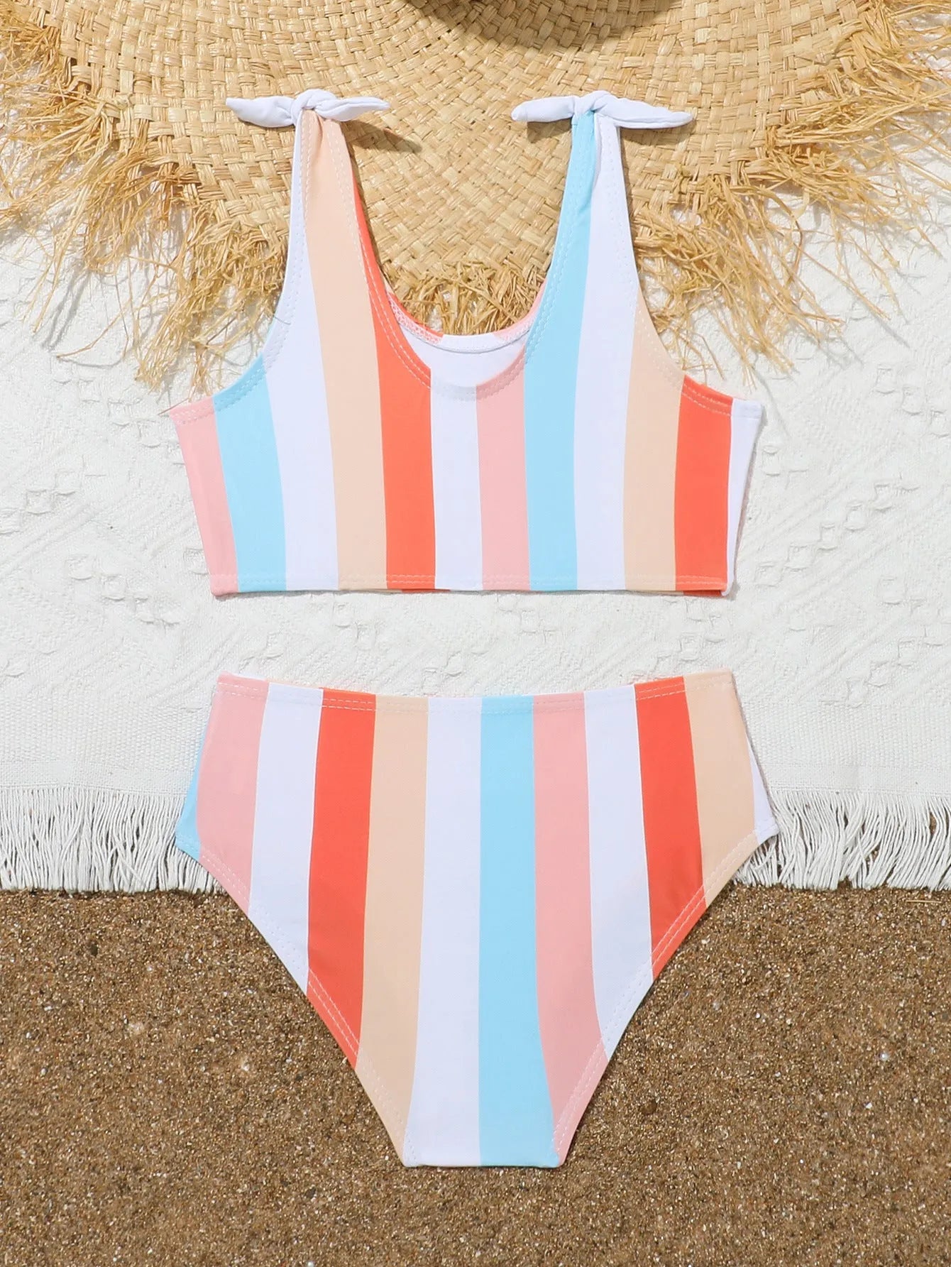 Girls printed plaid pattern seaside vacation swimsuit in brief style with polyester lining, available in multiple sizes