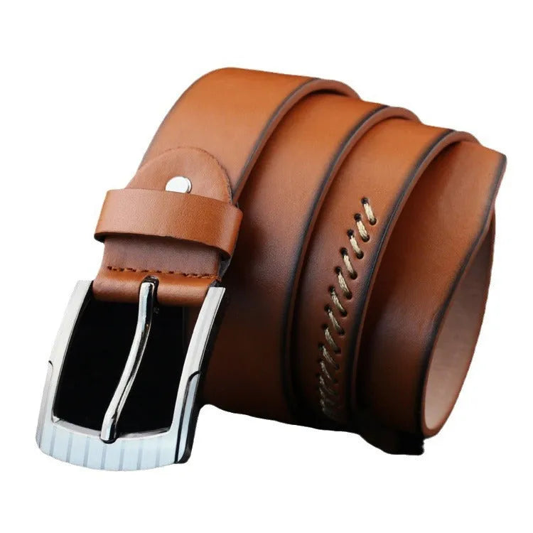 Men's retro pattern belt with alloy pin buckle in black, white, and brown colours