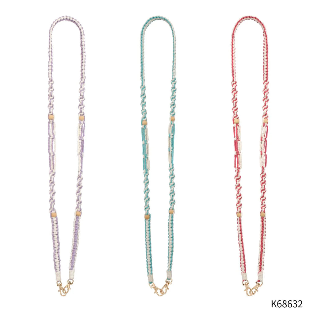 Hand-woven cotton mobile phone charm crossbody strap with alloy connectors in bohemian vintage pastoral style, available in multiple colours.
