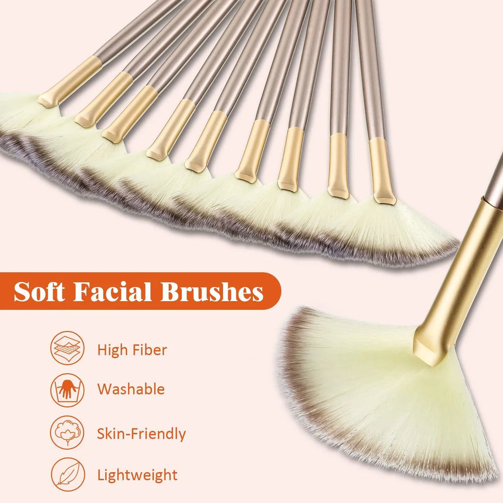 Ten champagne-coloured acrylic handle fan brushes with soft white bristles and clear protective covers.