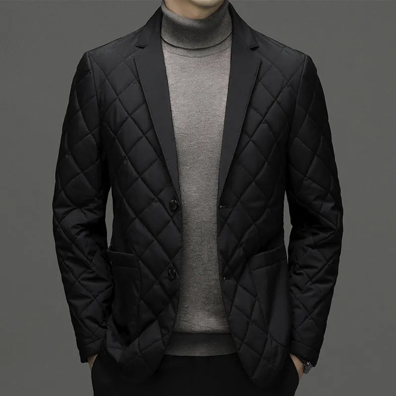 Men's black lapel collar down jacket in regular cardigan cut with side seam pockets.