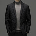 Men's black lapel collar down jacket in regular cardigan cut with side seam pockets.