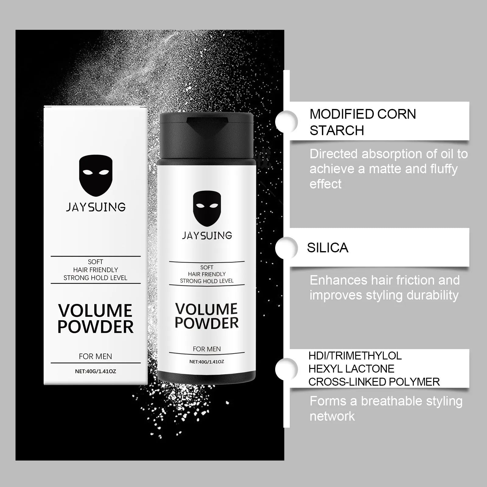 Hair Care Portable Shaping Powder 40g container, black label on white background