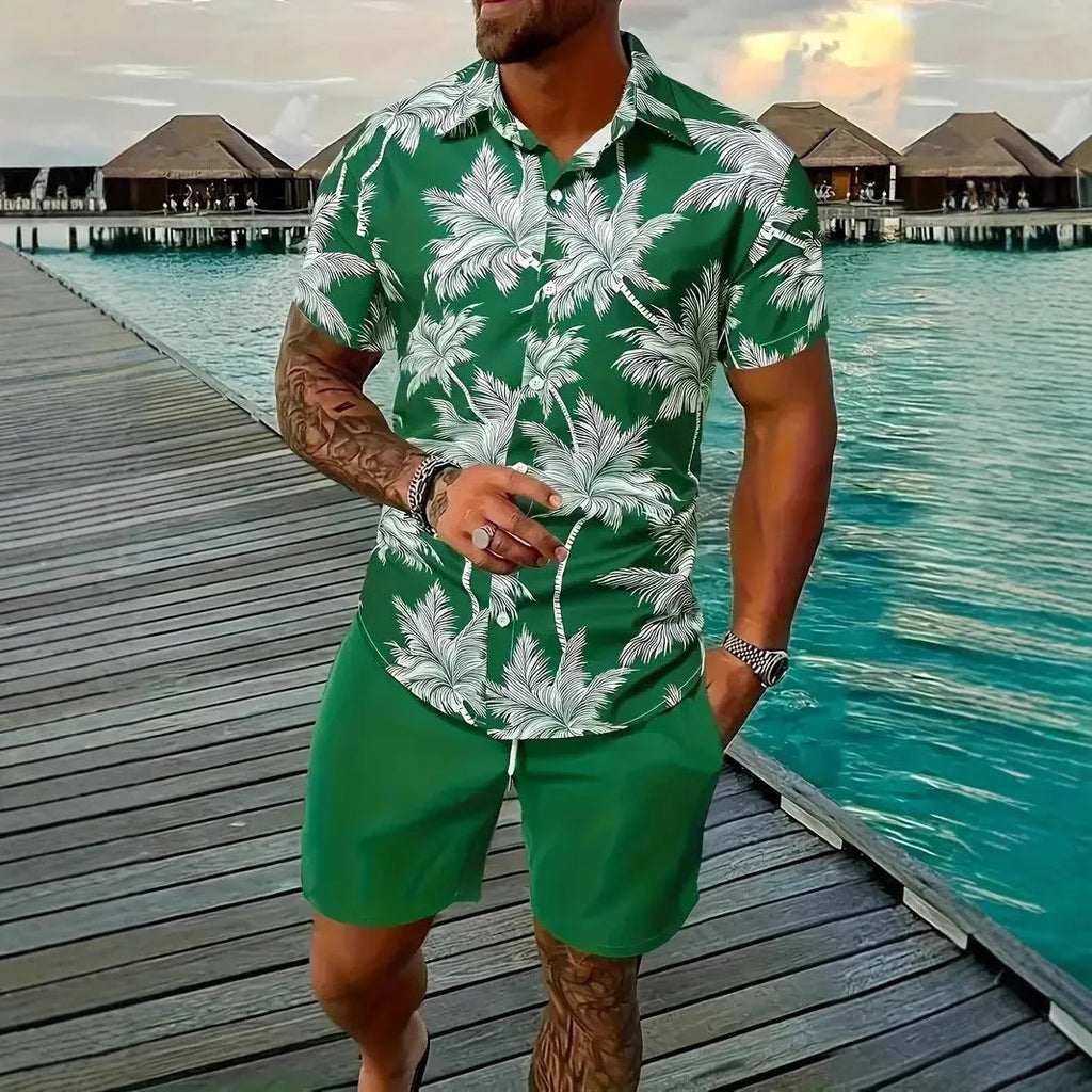 Men's Hawaiian print short sleeve suit with matching shorts, shown in available colours