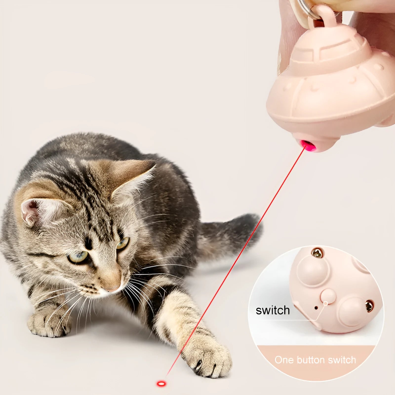 Green cat collar laser toy on a fabric background, showing 3x3x2.5cm plastic unit with 360° rotating feature