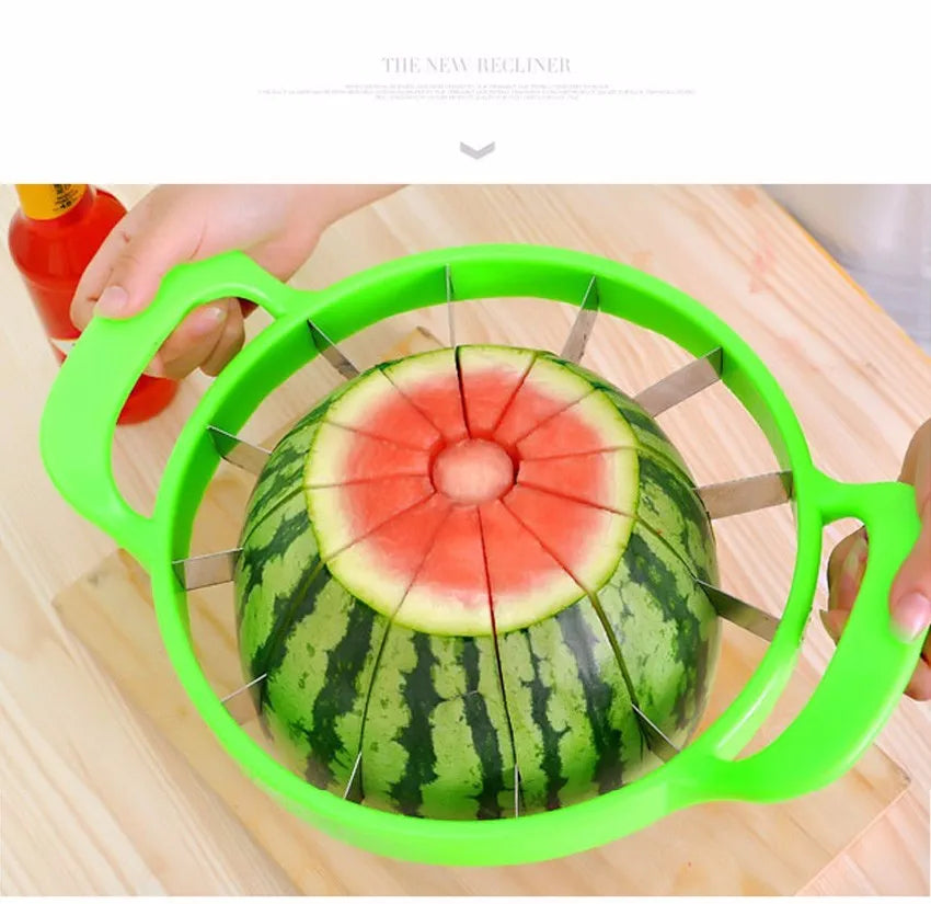Multi-function fruit slicer cutting watermelon into 12 uniform slices with stainless steel blade and green PP plastic frame