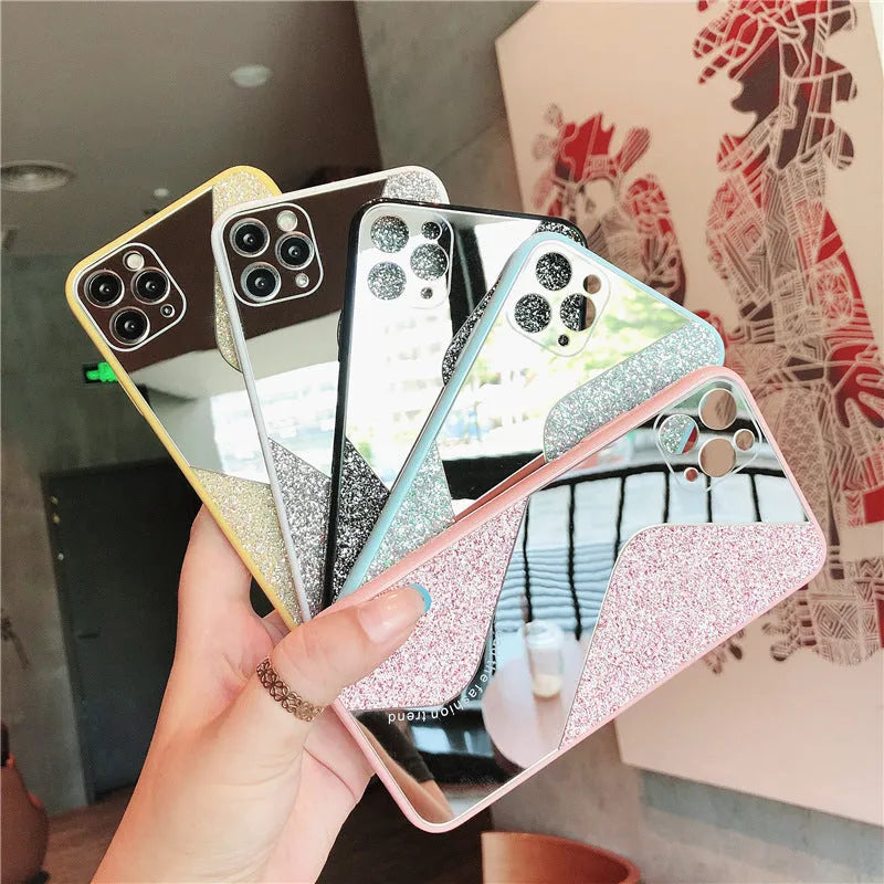 Glitter mirror TPU phone case compatible with Apple iPhone, black colour, with reflective sparkle surface
