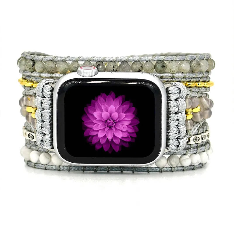 Natural stone beaded crystal watch band in bohemian style with multiple size options for 5.5 to 8.1 inch wrists