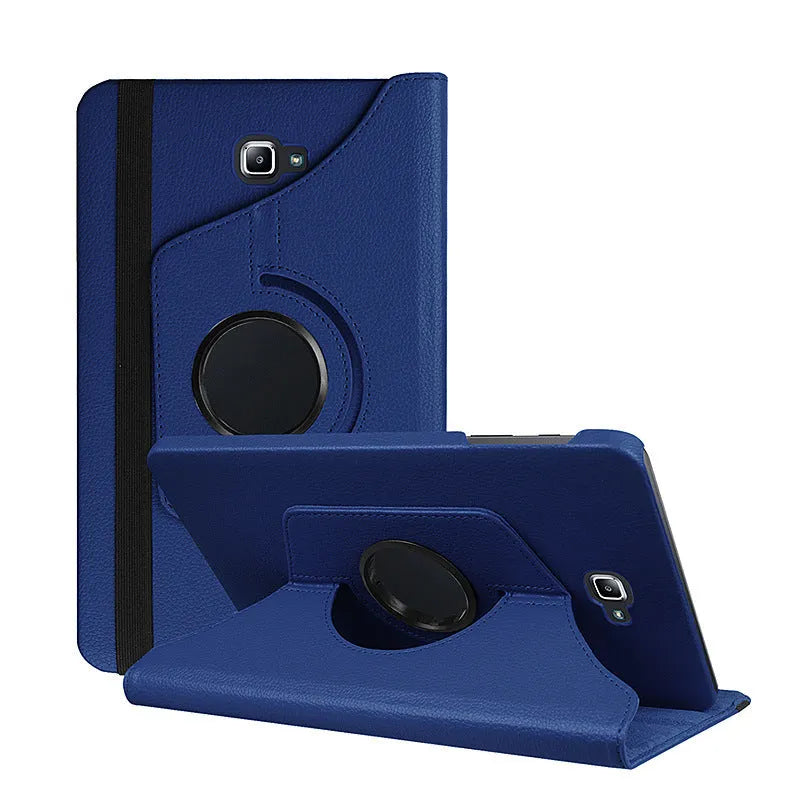 Rotating leather tablet case in clamshell business design showing adjustable viewing mechanism