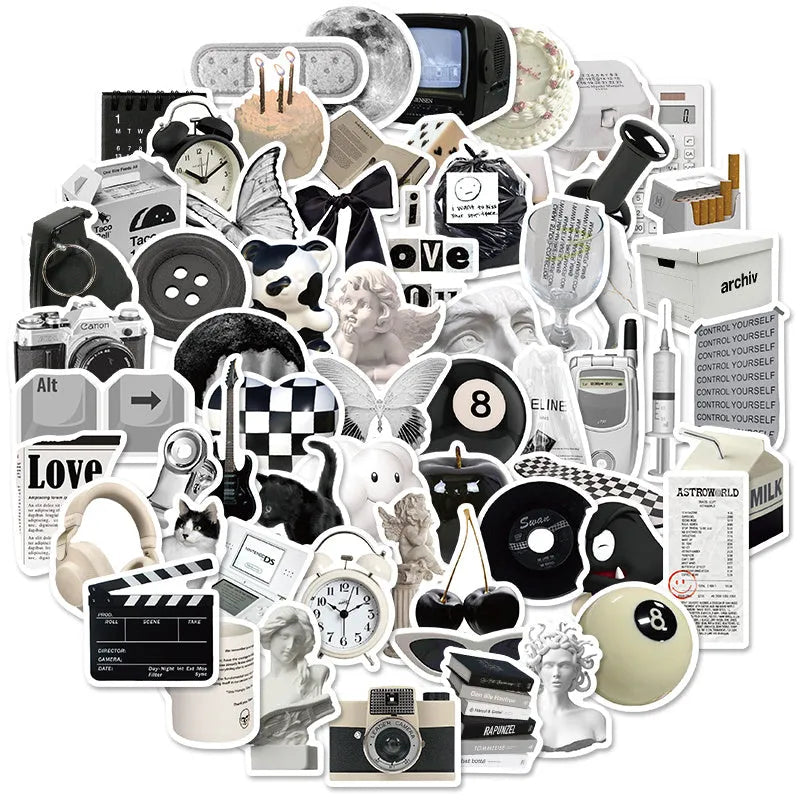 61 black and white PVC waterproof stickers on a sheet for laptops, phones and luggage