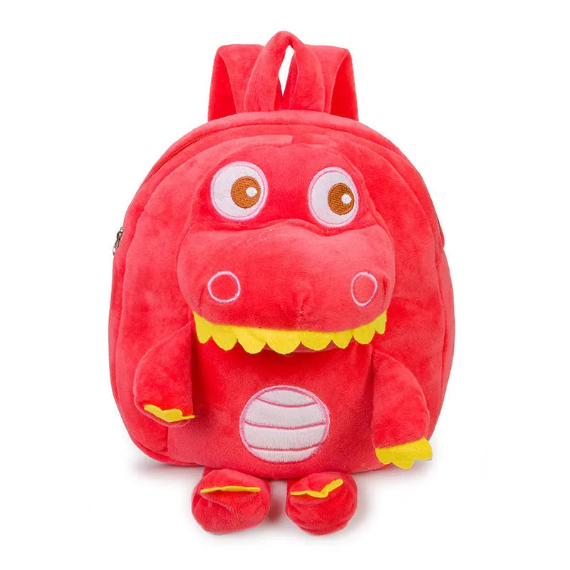 Blue dinosaur plush backpack with embroidery detailing and soft handle for children