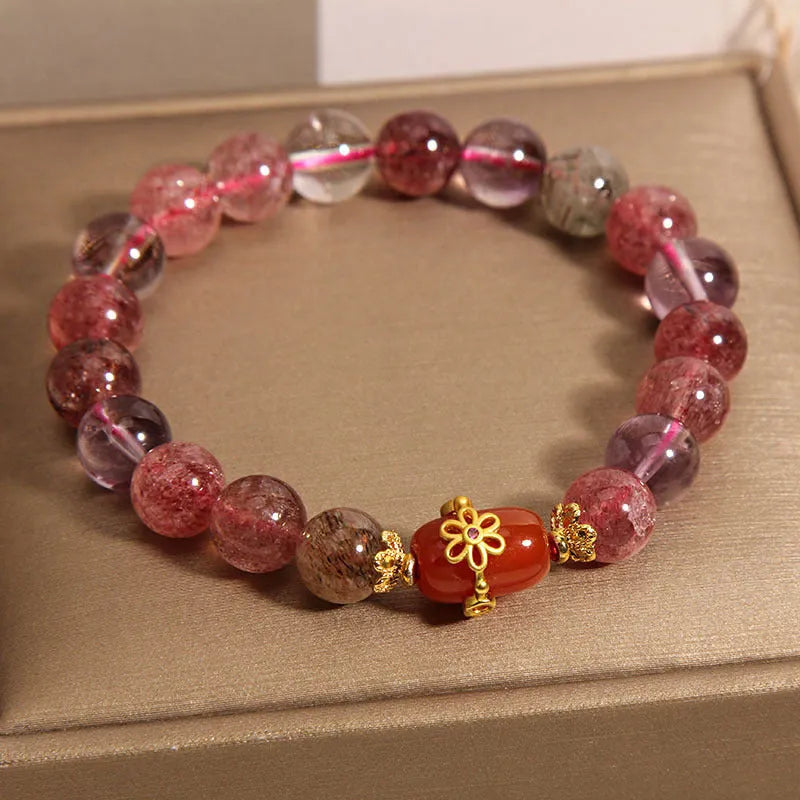 Natural Super Seven crystal bracelet for women, red agate colour, fresh sweet cartoon style