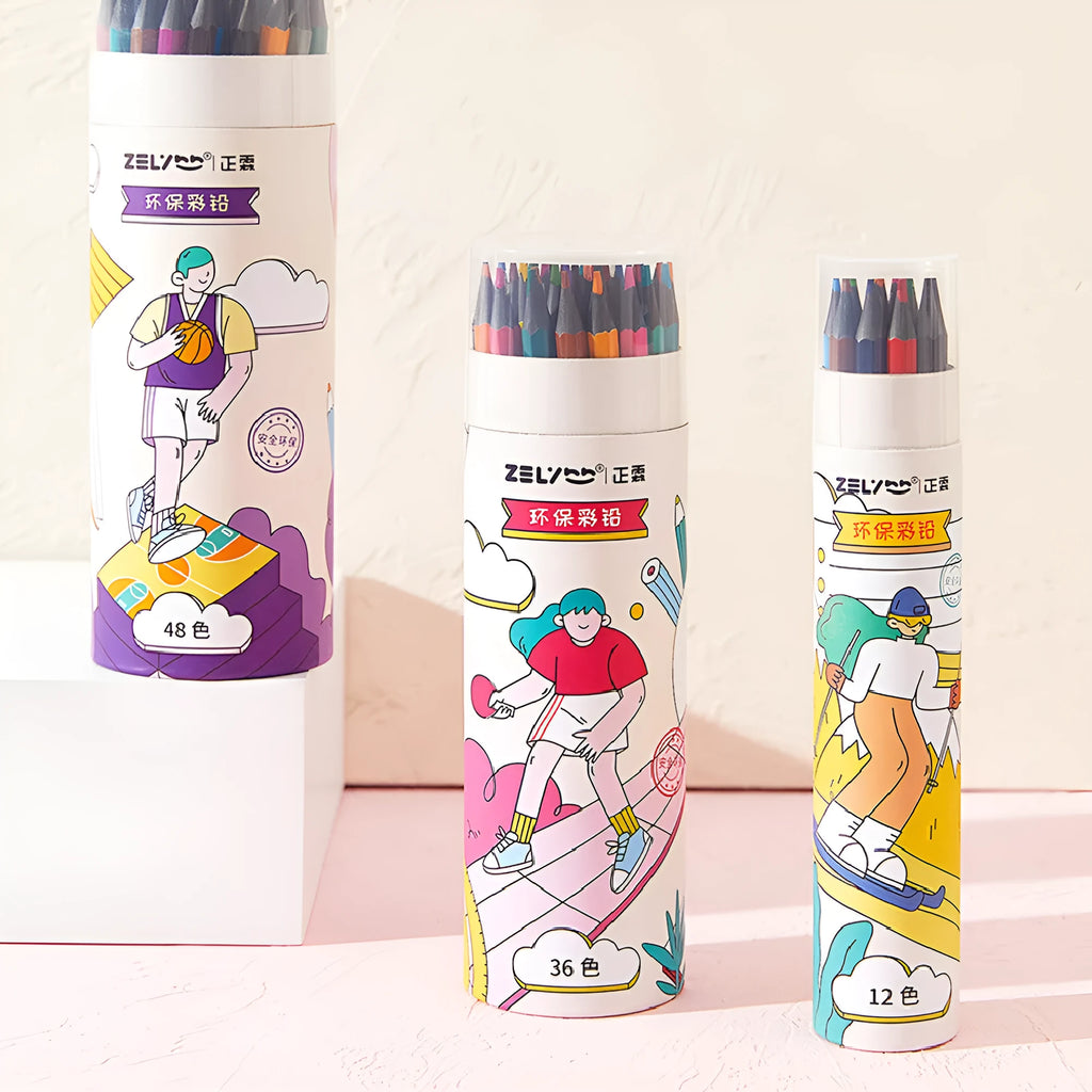 Zhenglin Sports Series colour pencil sets in various colour counts including 24 and 36 pencil options