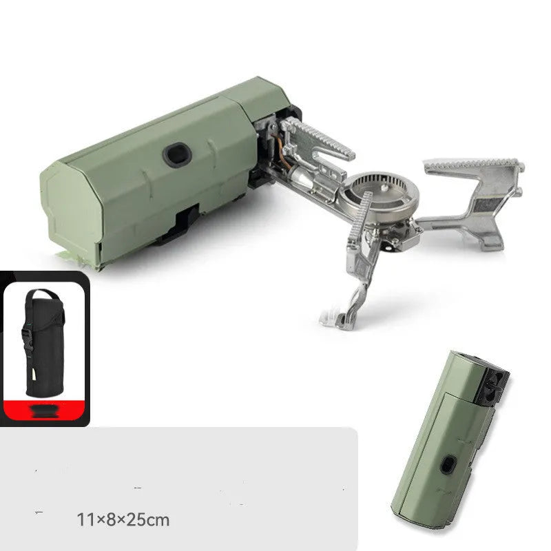 Green folding camping gas stove with burner, serrated bracket, and anti-slip feet on a tabletop