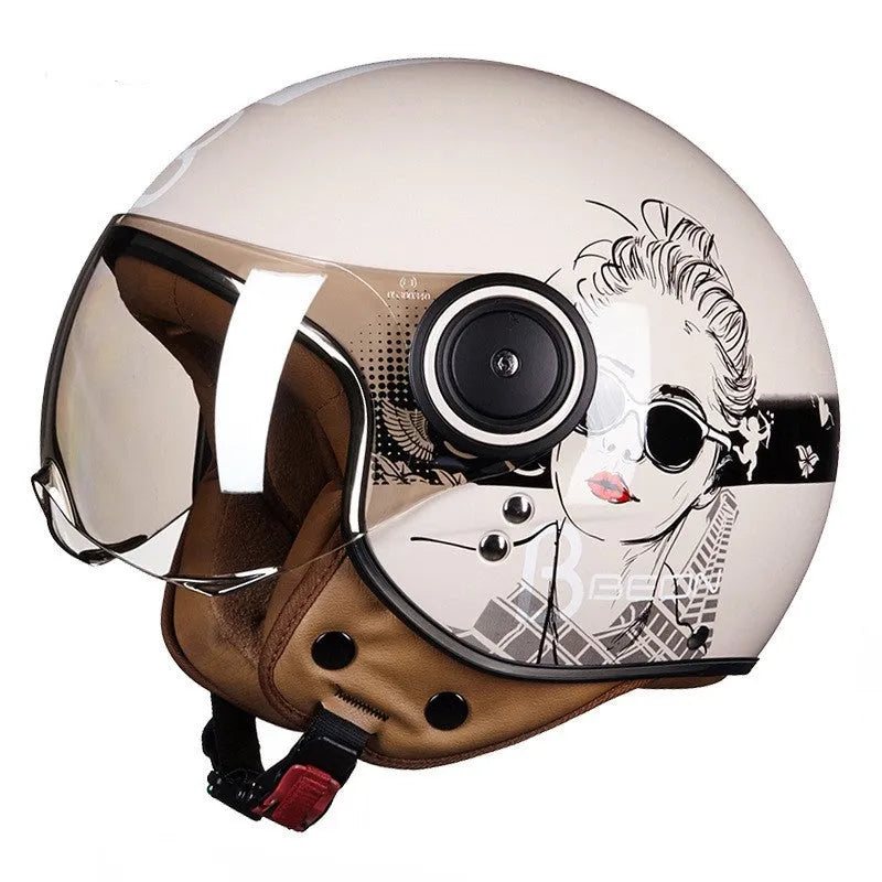 Battery car half helmet in Bright White Red Blue colour, lightweight semi-covered ABS construction, size M to XL