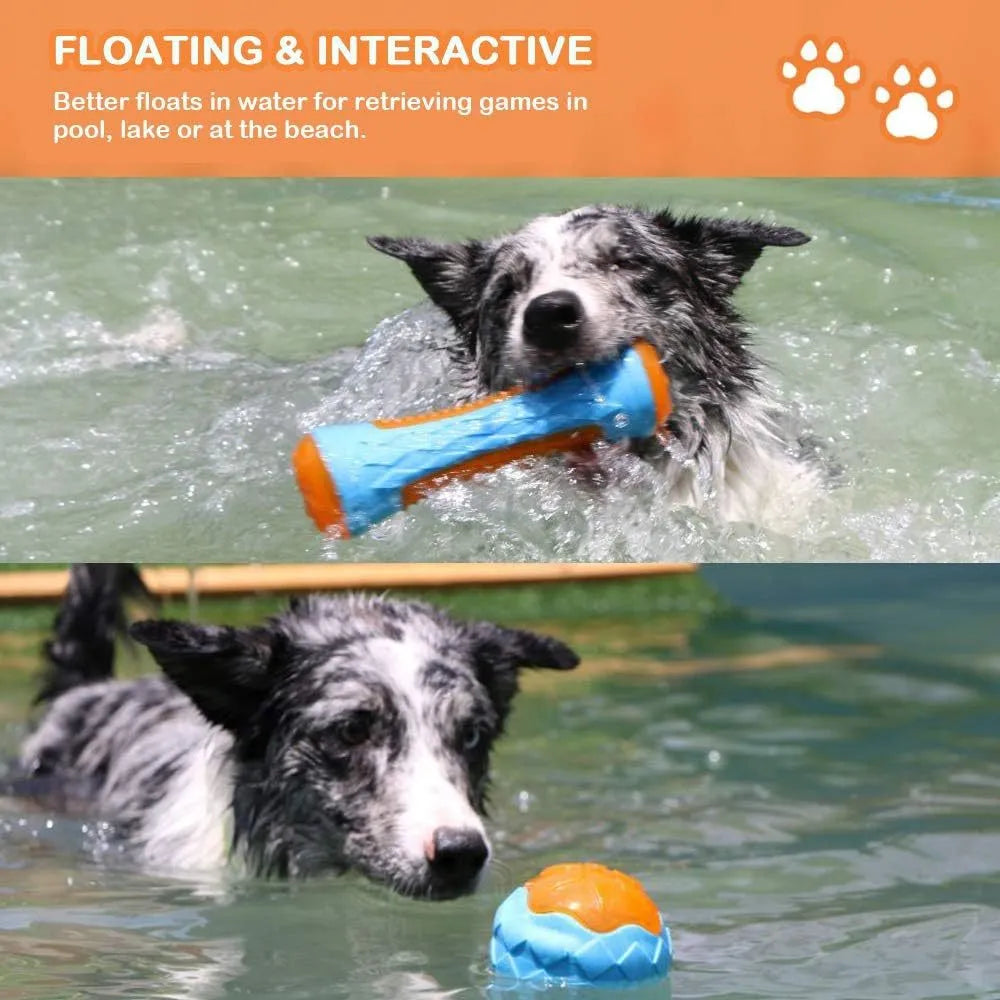 Set of three TPR dog toys: a spiked ball, a barbell, and a tire, shown as floating squeaky toys for water fetch.