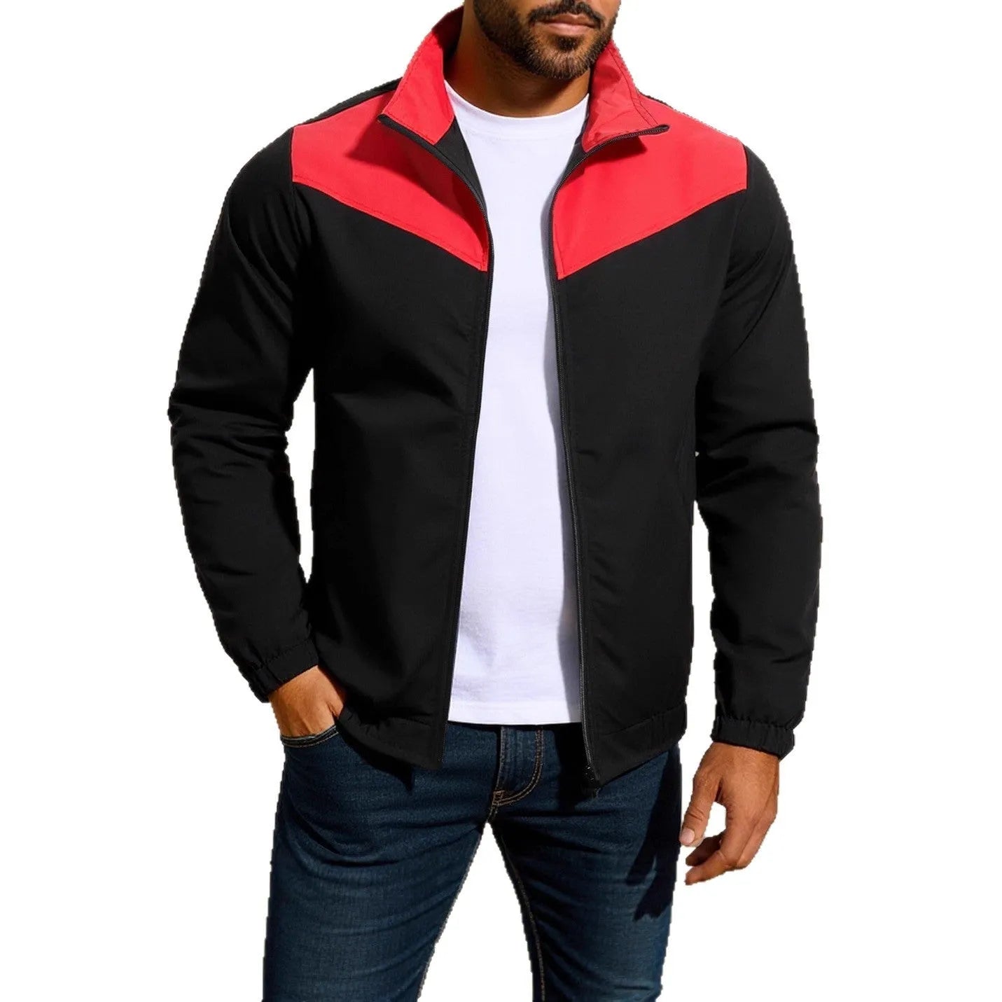 Men's windproof jacket with high collar and zipper in red colour, polyester fiber fabric, long sleeves