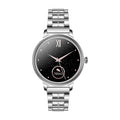 AK38 Ladies Smart Watch with metallic stainless steel band on a wrist, showing its 1.09-inch colour screen.