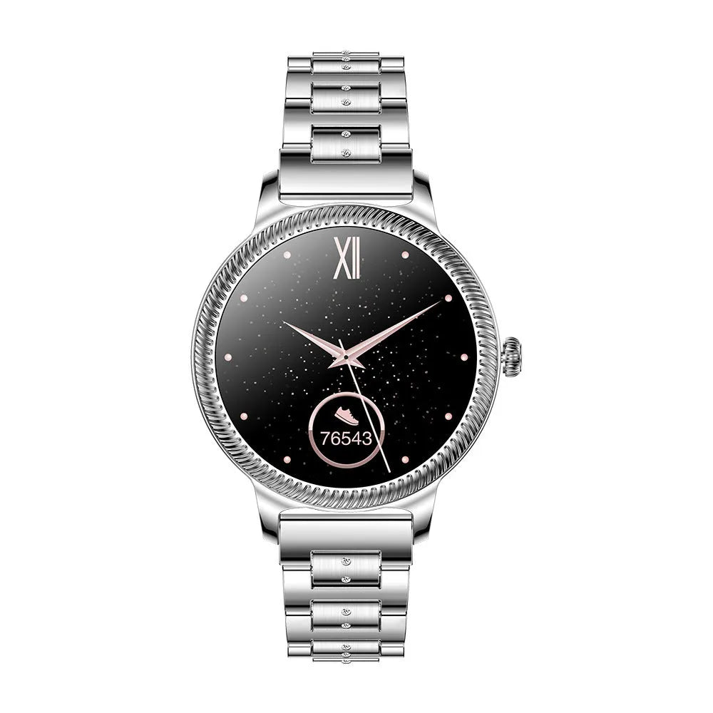 AK38 Ladies Smart Watch with metallic stainless steel band on a wrist, showing its 1.09-inch colour screen.