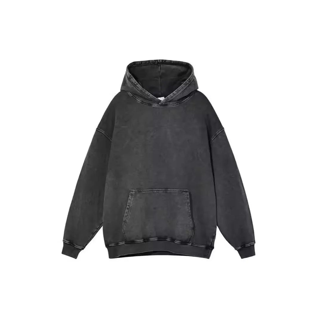 Men's retro washed cotton hoodie pullover in brown, loose fit, batik process, long sleeve, collarless