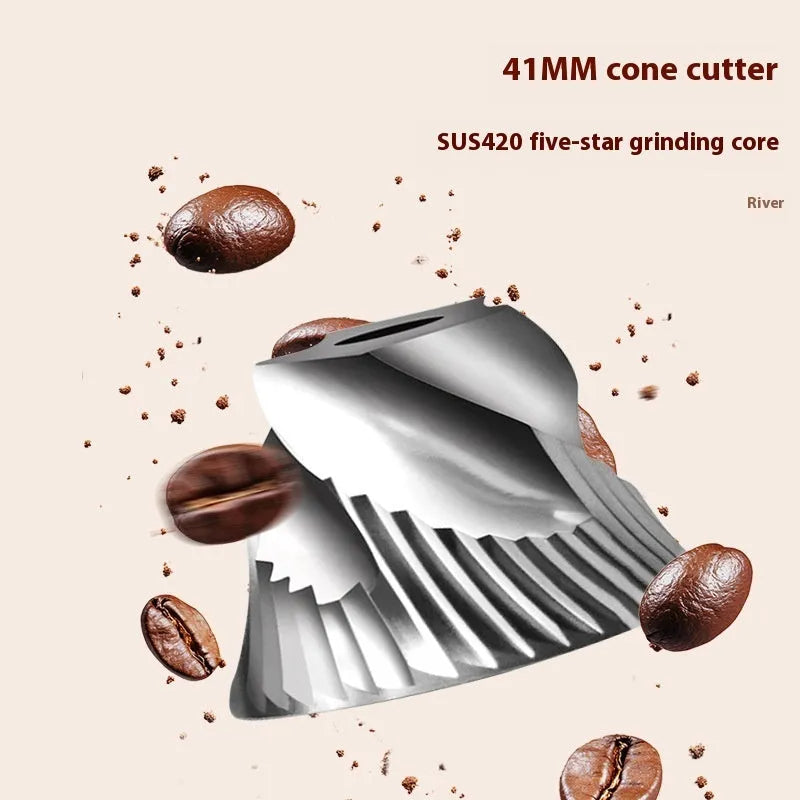 Portable electric coffee grinder and machine in stainless steel with 0.5L capacity.
