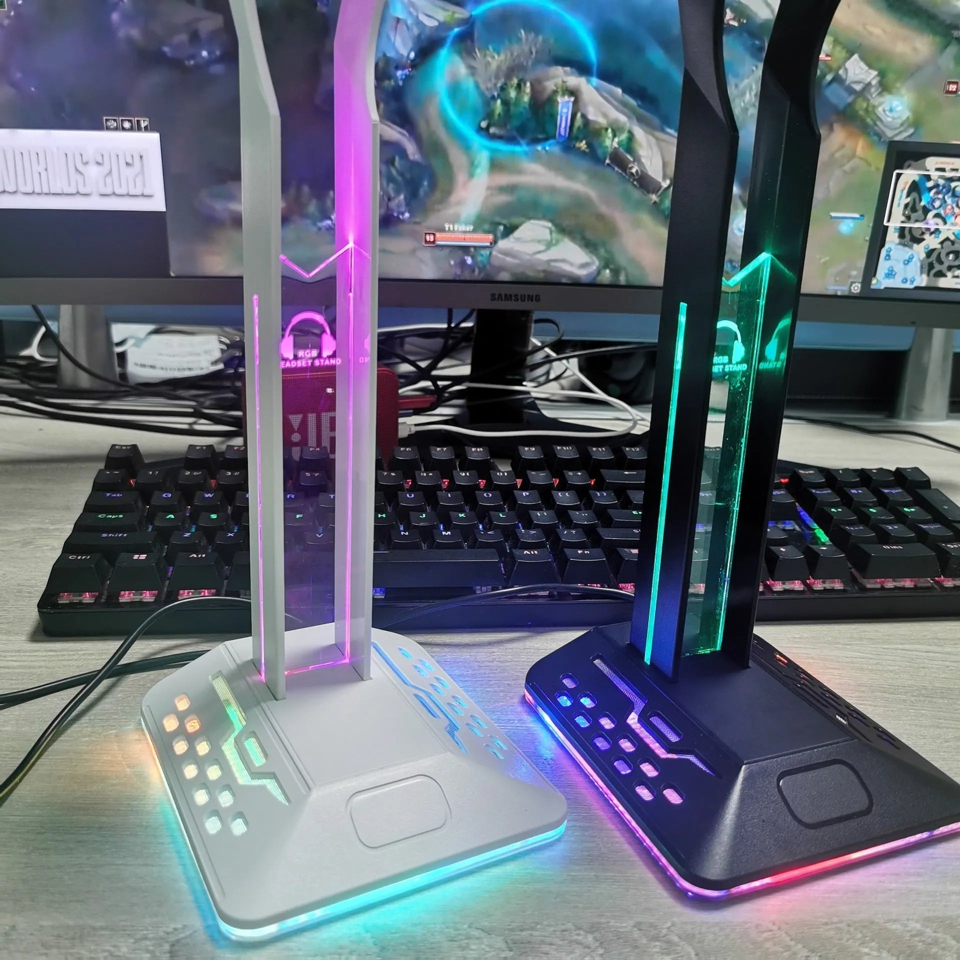 RGB colour changing headset display bracket with dual USB ports holding gaming headphones